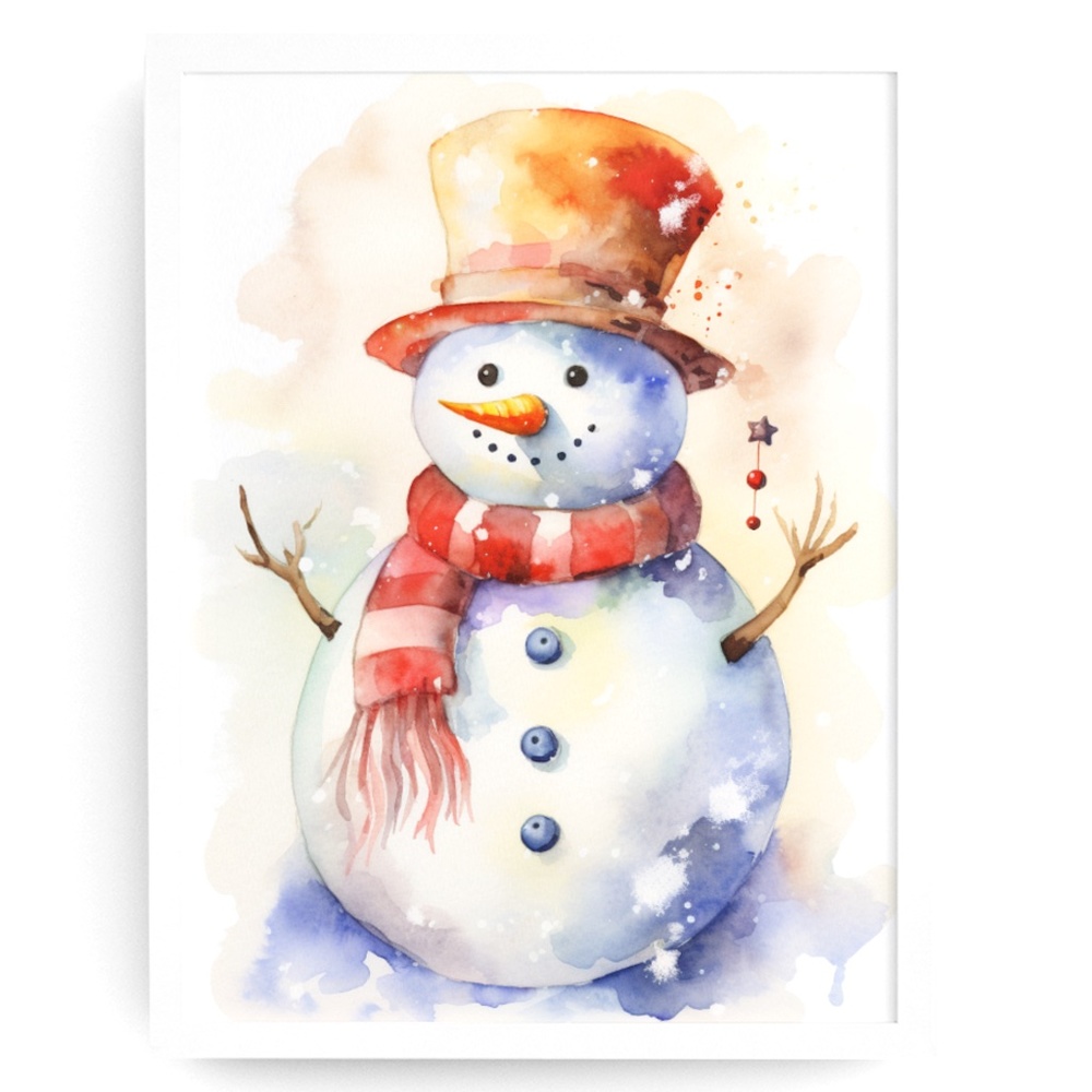 Watercolor Snowman Christmas Theme Wall Art Illustration Print Unframed